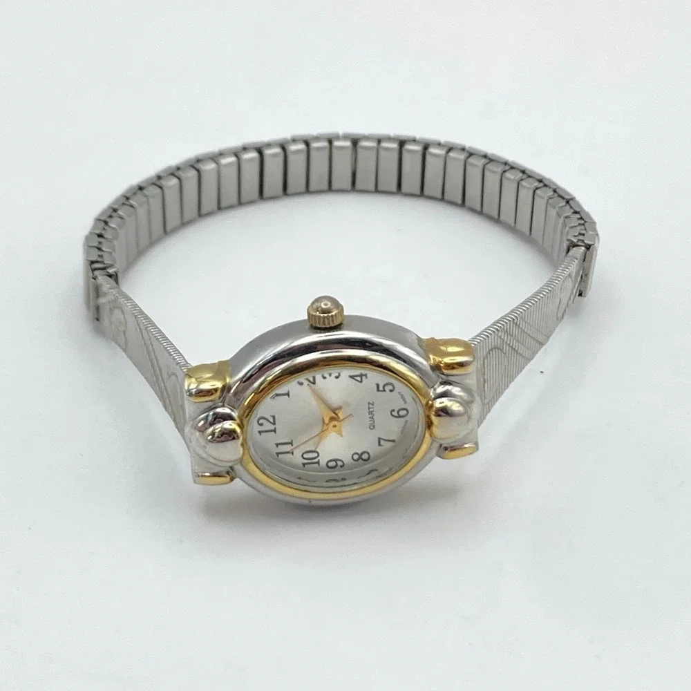 Vintage White Stag Womens Watch Silver Gold Tone Hearts Stretch Band New Battery